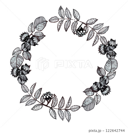 Hand drawn wreath of autumn leaves in doodle style. Vector illustration isolated on white background. 122642744
