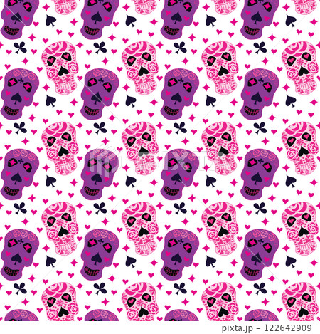 Skulls of the dead day. Mexican sugar man head halloween tattoo to honor death. Seamless pattern. 122642909