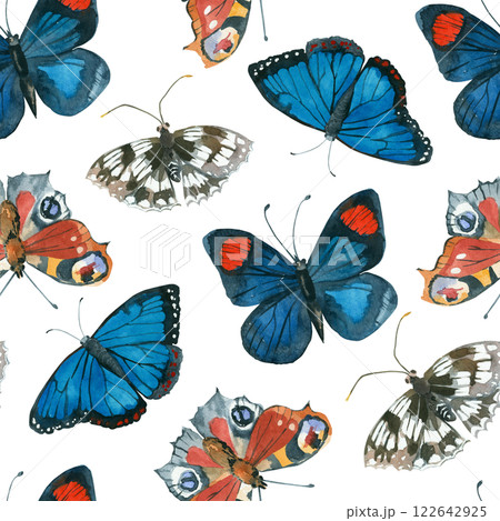 Butterflies of bright colors, peacock butterfly, nymphalidae, Morpho all objects are hand-drawn with watercolor. Seamless watercolor pattern. Suitable for printing on fabric, paper. Butterflies of bright colors, peacock butterfly, nymphalidae, Morpho all objects are hand-drawn with watercolor. Seamless watercolor pattern. Suitable for printing on fabric, paper. 122642925