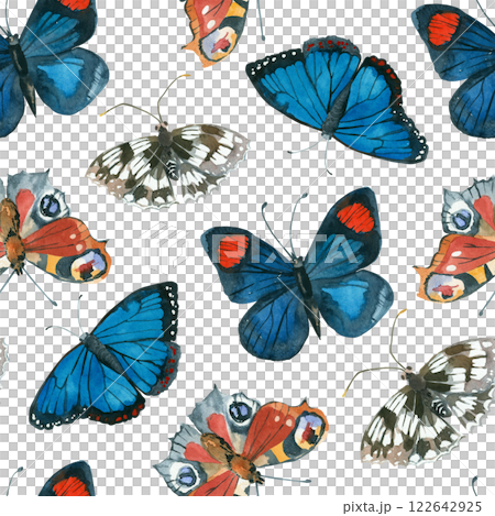 Butterflies of bright colors, peacock butterfly, nymphalidae, Morpho all objects are hand-drawn with watercolor. Seamless watercolor pattern. Suitable for printing on fabric, paper. Butterflies of bright colors, peacock butterfly, nymphalidae, Morpho all objects are hand-drawn with watercolor. Seamless watercolor pattern. Suitable for printing on fabric, paper. 122642925