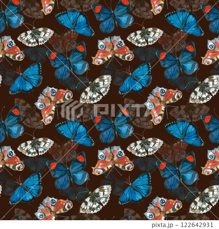 Butterflies of bright colors, peacock butterflies, nymphalids, morpho all objects are hand painted with watercolors. Seamless watercolor pattern. For printing on fabric, paper, stationery. Butterflies of bright colors, peacock butterflies, nymphalids, morpho all objects are hand painted with watercolors. Seamless watercolor pattern. For printing on fabric, paper, stationery. 122642931