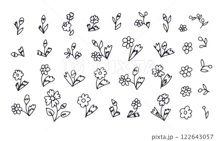 Hand drawn black and white outlined doodle daisy flowers set 122643057