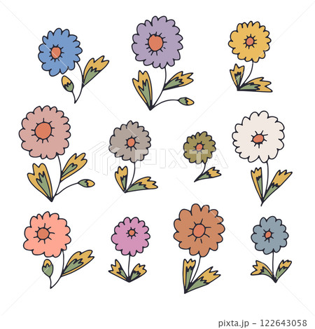 Hand drawn colorful outlined doodle daisy flowers set 122643058