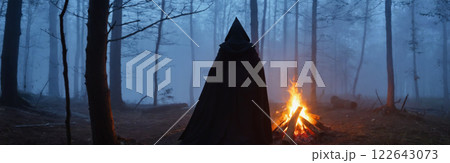 Witch casts a spell in a deep wild forest in the fog. Halloween 122643073
