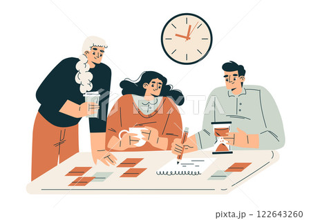Time Management with Man and Woman Character Organizing Efficient Business Process Vector Illustration 122643260