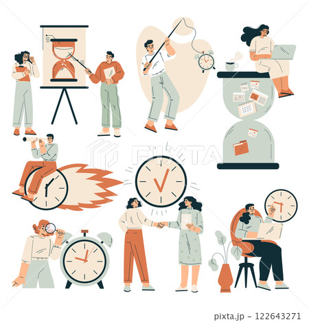 Time Management with Man and Woman Organizing Efficient Business Process Vector Set 122643271