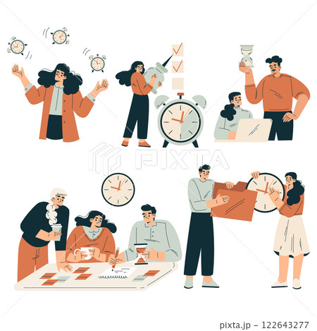 Time Management with Man and Woman Organizing Efficient Business Process Vector Set 122643277