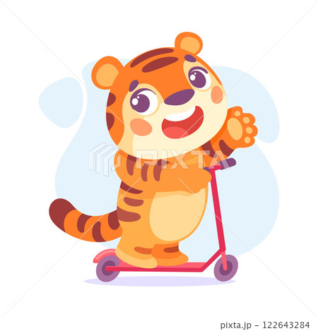 Striped Little Tiger Animal Ride Skateboard Vector Illustration 122643284