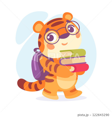 Striped Little Tiger Animal Carry Book Pile Going to School Vector Illustration 122643290