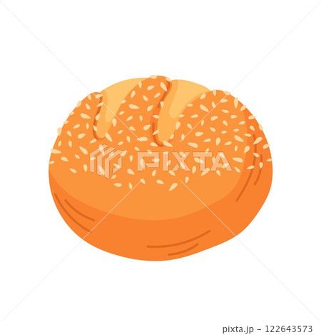 Turkish stuffed bun for breakfast in cartoon style. Traditional Turkey pogaca with sesame. Oriental bakery, fresh pastry, baked goods with seeds sprinkles for breakfast menu. 122643573