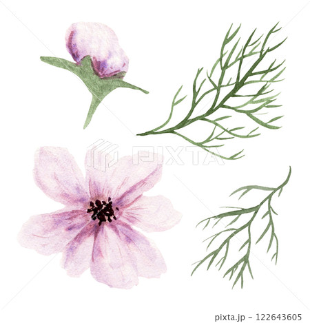 Watercolor set of pink fantasy flowers with green leaves on white background Watercolor set of pink fantasy flowers with green leaves on white background 122643605