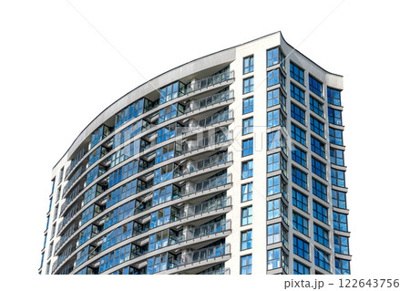Modern glass skyscraper with sleek facades, high-rise office building featuring contemporary design 122643756