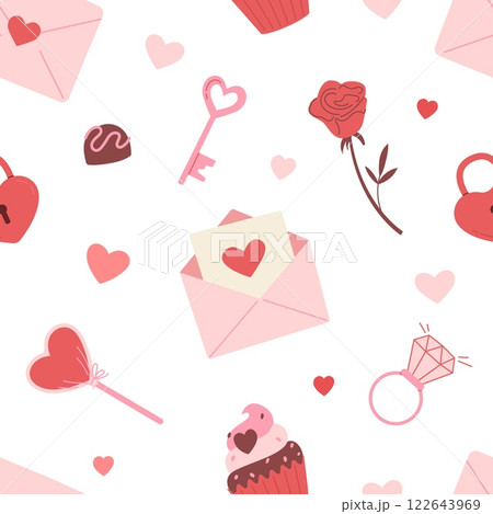 Romantic seamless pattern with letters, sweets, key and heart shapes on white background. Valentines day vector illustration. Romantic seamless pattern with letters, sweets, key and heart shapes on white background. Valentines day vector illustration. 122643969