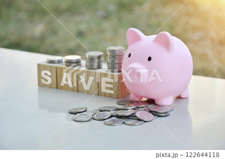 Piggy bank and coins, saving and investment concept Piggy bank and coins, saving and investment concept 122644118