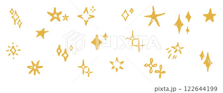 A set of grunge patterns with shiny stars. Comets and shimmering golden stars drawn in pencil with chalk brush. Vector illustration. 122644199