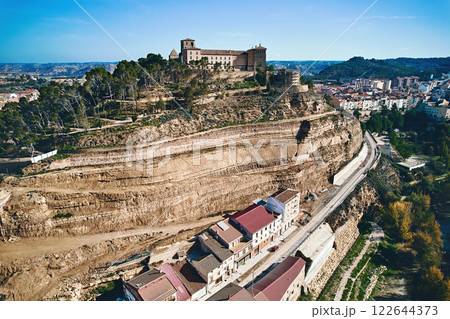 Aerial shot of Castle of the Calatravos is castle in Alcaniz ancient town in Teruel. Spain 122644373