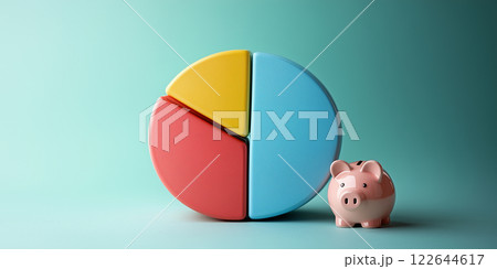Colorful 3 section pie chart and piggy bank in blue background. Financial strategy and savings structure concept 122644617