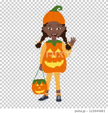 Flat  Illustration of Cute African American Kid Girl Wearing a Pumpkin Halloween Costume. Item 1 122644861