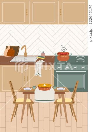 The interior of a rustic kitchen. Kitchen shelves, sink, stove, dining table and chairs. 122645174