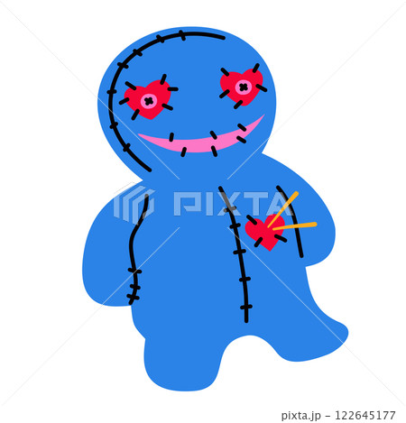 A voodoo doll with a heart pierced by a needle. 122645177