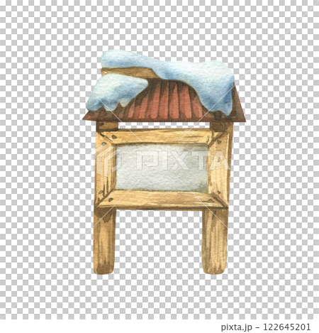 Information stand with empty space for text wooden with tiled roof and snow outdoor for forests and parks. Watercolor winter illustration hand drawn. Separate element object isolated from background. 122645201
