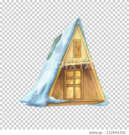 Triangular wooden houses for outdoor recreation A-frame with burning light in windows, cozy with snowy roofs. Watercolor winter illustration hand drawn. Separate element isolated from background. Triangular wooden houses for outdoor recreation A-frame with burning light in windows, cozy with snowy roofs. Watercolor winter illustration hand drawn. Separate element isolated from background. 122645202