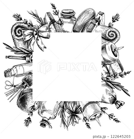 Cosmetics for spa and body care lavender. Graphic illustration line art hand drawn in black and white monochrome. Square frame, wreath, template for text. 122645203