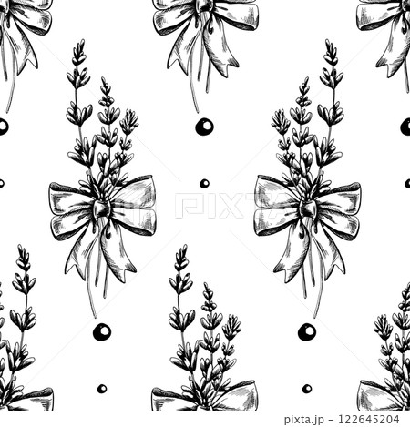 Flowers, lavender twigs with bows LAVENDER SPA collection. Graphic illustration line art hand drawn in black and white monochrome. Seamless pattern 122645204