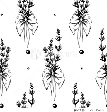 Flowers, lavender twigs with bows LAVENDER SPA collection. Graphic illustration line art hand drawn in black and white monochrome. Seamless pattern Flowers, lavender twigs with bows LAVENDER SPA collection. Graphic illustration line art hand drawn in black and white monochrome. Seamless pattern 122645207