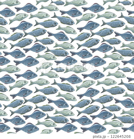 Simple fish and bubbles in a watercolor, seamless pattern. A flock, a school of fish, in blue-gray color. For decoration and design of fabrics, textiles, wallpaper, covers, equipment of fishermen Simple fish and bubbles in a watercolor, seamless pattern. A flock, a school of fish, in blue-gray color. For decoration and design of fabrics, textiles, wallpaper, covers, equipment of fishermen 122645208