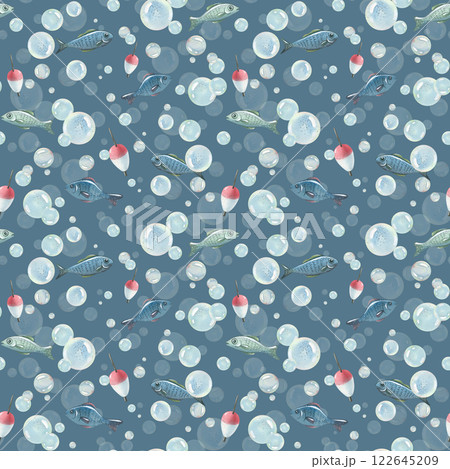 Blue water bubbles of different sizes with fish in a chaotic order, float. Watercolor hand-drawn illustration. Seamless pattern, endlessly repeating ornament, on a blue background Blue water bubbles of different sizes with fish in a chaotic order, float. Watercolor hand-drawn illustration. Seamless pattern, endlessly repeating ornament, on a blue background 122645209