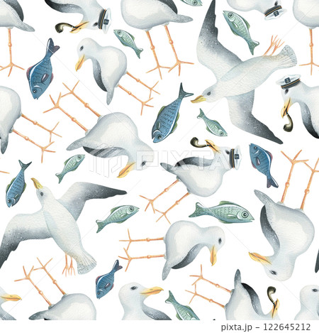 Sea gulls. flying, standing in a captain's cap and smoking a pipe. Watercolor illustration. Seamless pattern. For decoration of children's wallpaper, fabrics. textiles, clothing, prints, paper Sea gulls. flying, standing in a captain's cap and smoking a pipe. Watercolor illustration. Seamless pattern. For decoration of children's wallpaper, fabrics. textiles, clothing, prints, paper 122645212