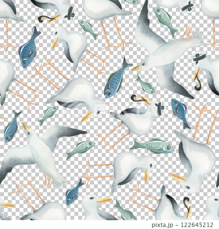 Sea gulls. flying, standing in a captain's cap and smoking a pipe. Watercolor illustration. Seamless pattern. For decoration of children's wallpaper, fabrics. textiles, clothing, prints, paper Sea gulls. flying, standing in a captain's cap and smoking a pipe. Watercolor illustration. Seamless pattern. For decoration of children's wallpaper, fabrics. textiles, clothing, prints, paper 122645212