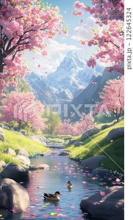 Springtime tranquility in a vibrant valley with peach blossoms and a flowing river Springtime tranquility in a vibrant valley with peach blossoms and a flowing river 122645324