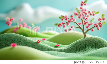 Enchanting spring landscape with cherry blossoms in a cartoon-style wool environment 122645334