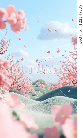 Spring landscape with cherry blossoms and blue sky in a whimsical wool texture design 122645335