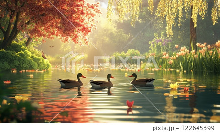 Tranquil pond with swimming ducks and blooming lilies in vibrant spring scenery 122645399