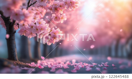 Cherry trees in vibrant bloom under warm sunlight against a clear blue sky 122645488