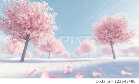 Cherry trees bloom under warm sunlight with soft petals scattered on the ground Cherry trees bloom under warm sunlight with soft petals scattered on the ground 122645490