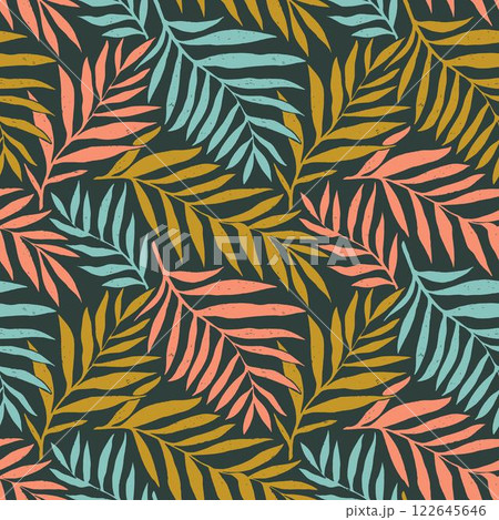 Seamless vector pattern palm dypsis leaves. Summer palm leaves tropical fabric design. Dypsis lutescens seamless pattern. Vector endless illustration. 122645646