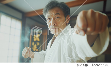 Asian mature man practicing martial arts, karate in gym 122645670