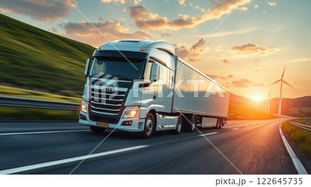 modern white semi-trailer truck and wind turbine modern white semi-trailer truck and wind turbine 122645735