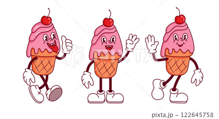 Fun animated ice cream characters showcasing different expressions and activities in a playful design 122645758