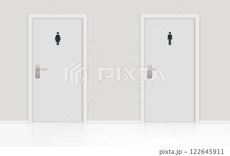 Restroom Doors with Male and Female Symbols minimal clean design modern bathroom entrance. 122645911