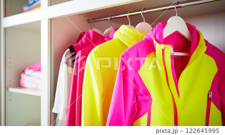 Bright sports jackets hanging on rack in modern wardrobe or sport fashion store 122645995