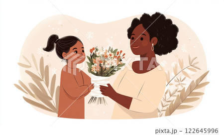 Mothers Day celebration with mother and daughter exchanging flowers 122645996