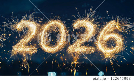 New year celebration 2026 fireworks display against dark sky, background 122645998