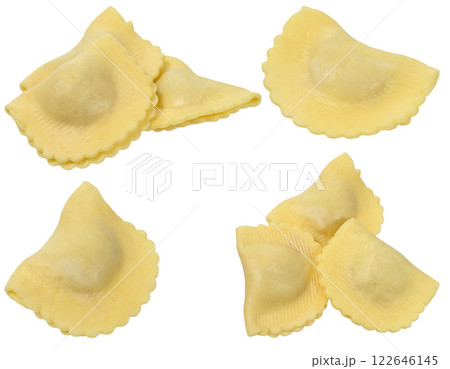Raw ravioli with prosciutto on isolated background 122646145