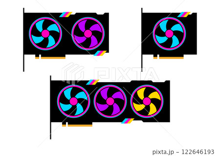 GPU flat icon set. Best graphics card with colorful gradient fans for cooling in flat style. Vector illustration isolated on white background. GPU flat icon set. Best graphics card with colorful gradient fans for cooling in flat style. Vector illustration isolated on white background. 122646193