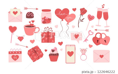 Happy Valentines Day vector illustration set. Decorative elements for invitation, greeting card, postcard. Hearts, envelope, sweets, drink, gift box, message, padlock and key icons 122646222